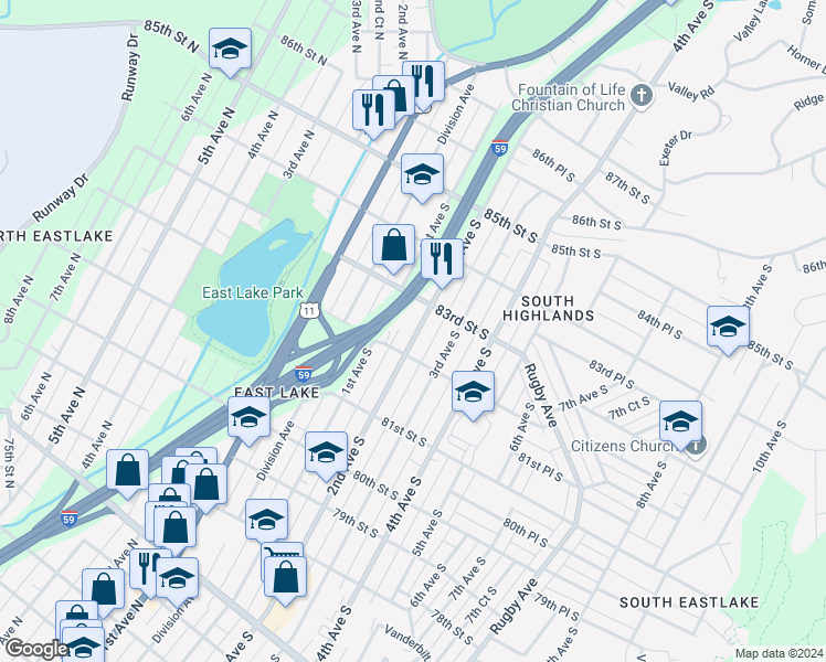 map of restaurants, bars, coffee shops, grocery stores, and more near 8213 2nd Avenue South in Birmingham