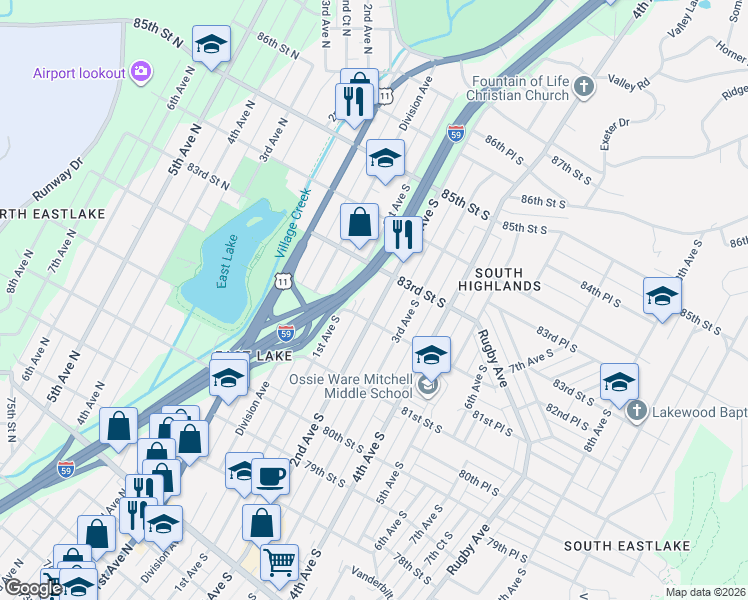map of restaurants, bars, coffee shops, grocery stores, and more near 8213 2nd Avenue South in Birmingham