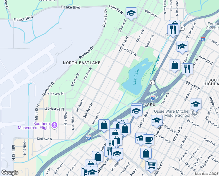 map of restaurants, bars, coffee shops, grocery stores, and more near 8010 4th Avenue North in Birmingham