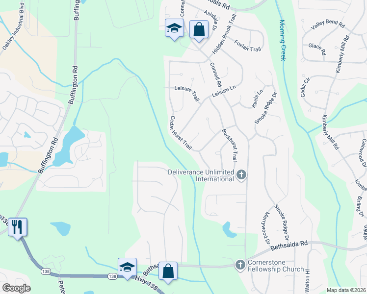 map of restaurants, bars, coffee shops, grocery stores, and more near 6595 Cedar Hurst Trail in Atlanta