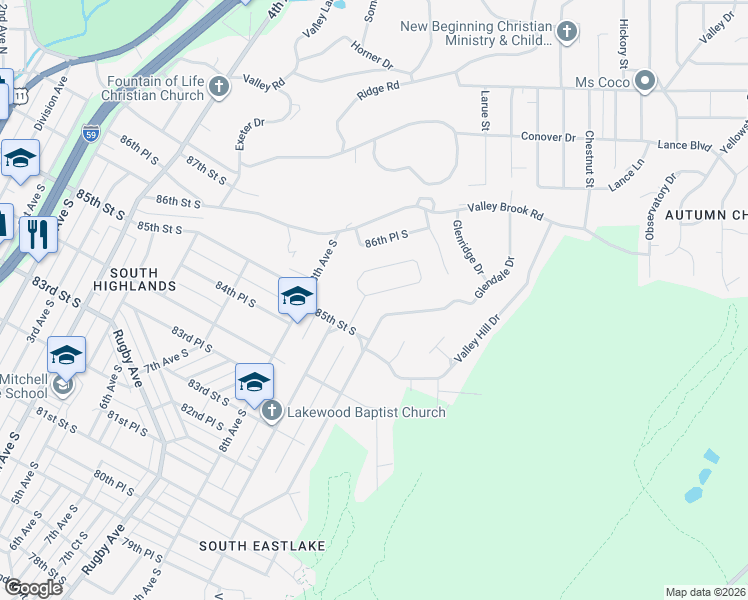 map of restaurants, bars, coffee shops, grocery stores, and more near 8601 9th Court South in Birmingham