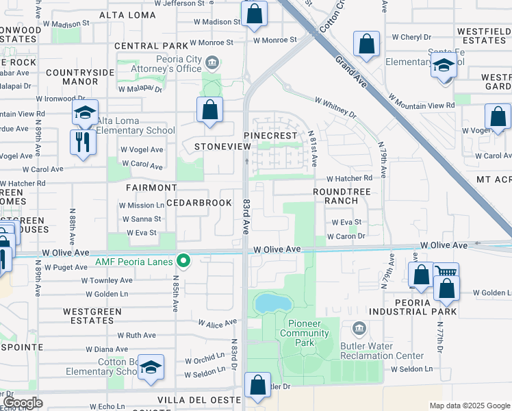 map of restaurants, bars, coffee shops, grocery stores, and more near 9201 North 83rd Avenue in Peoria