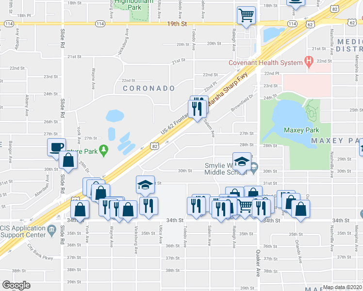 map of restaurants, bars, coffee shops, grocery stores, and more near 4622 28th Street in Lubbock