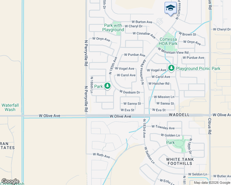 map of restaurants, bars, coffee shops, grocery stores, and more near 18507 West Mission Lane in Waddell