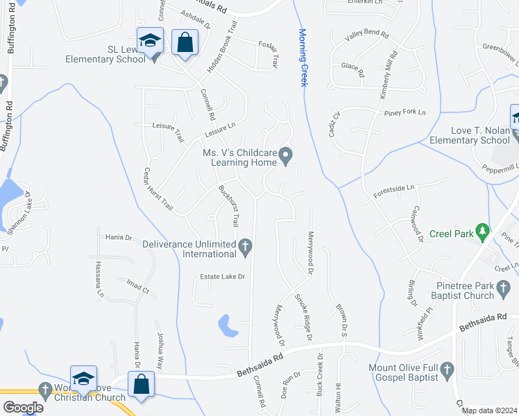 map of restaurants, bars, coffee shops, grocery stores, and more near 6600 Connell Road in Fairburn