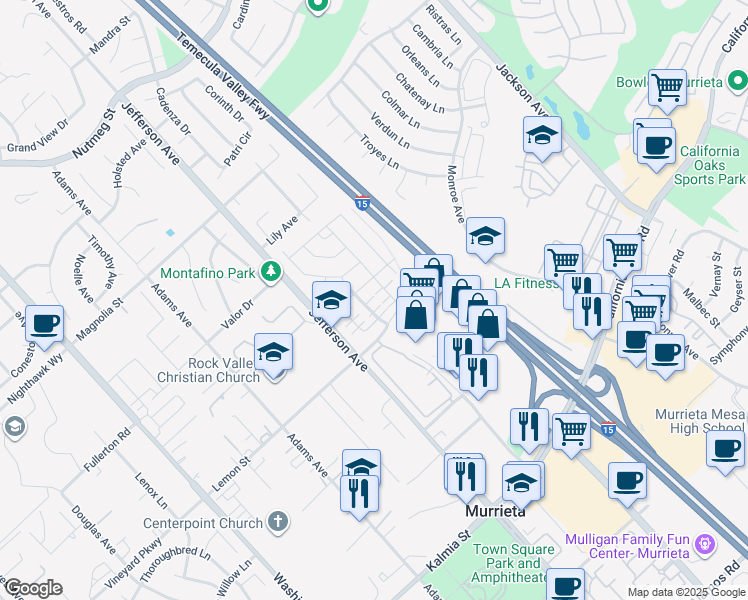 map of restaurants, bars, coffee shops, grocery stores, and more near 24246 Hazelnut Avenue in Murrieta