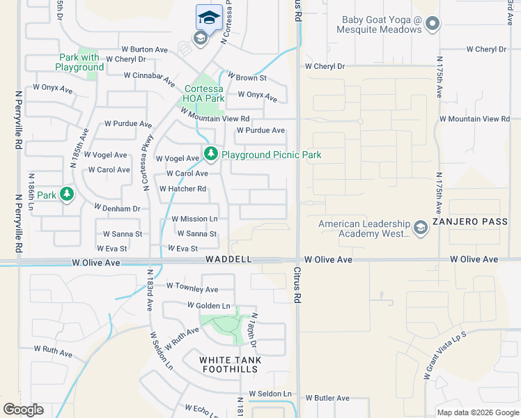 map of restaurants, bars, coffee shops, grocery stores, and more near 17950 West Mission Lane in Waddell