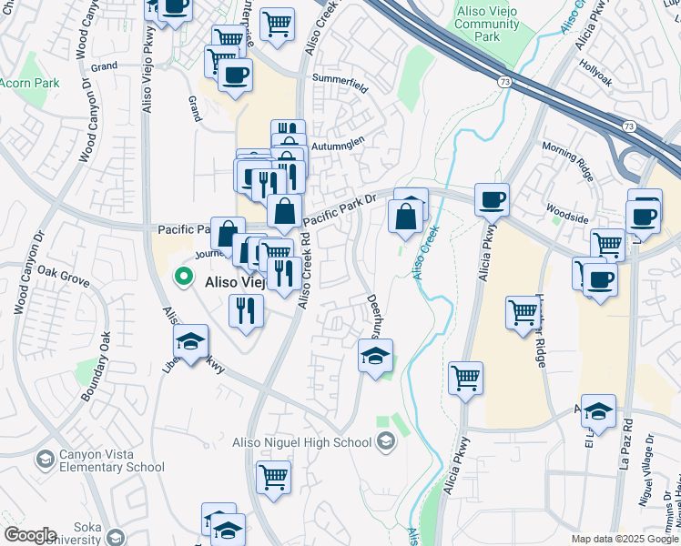 map of restaurants, bars, coffee shops, grocery stores, and more near 23412 Pacific Park Drive in Aliso Viejo
