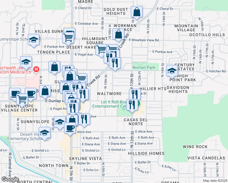 map of restaurants, bars, coffee shops, grocery stores, and more near 1107 East Eva Street in Phoenix