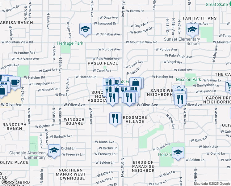map of restaurants, bars, coffee shops, grocery stores, and more near 5116 West Olive Avenue in Glendale