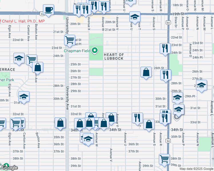 map of restaurants, bars, coffee shops, grocery stores, and more near 2220 29th Street in Lubbock