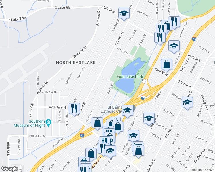 map of restaurants, bars, coffee shops, grocery stores, and more near 8033 4th Avenue North in Birmingham