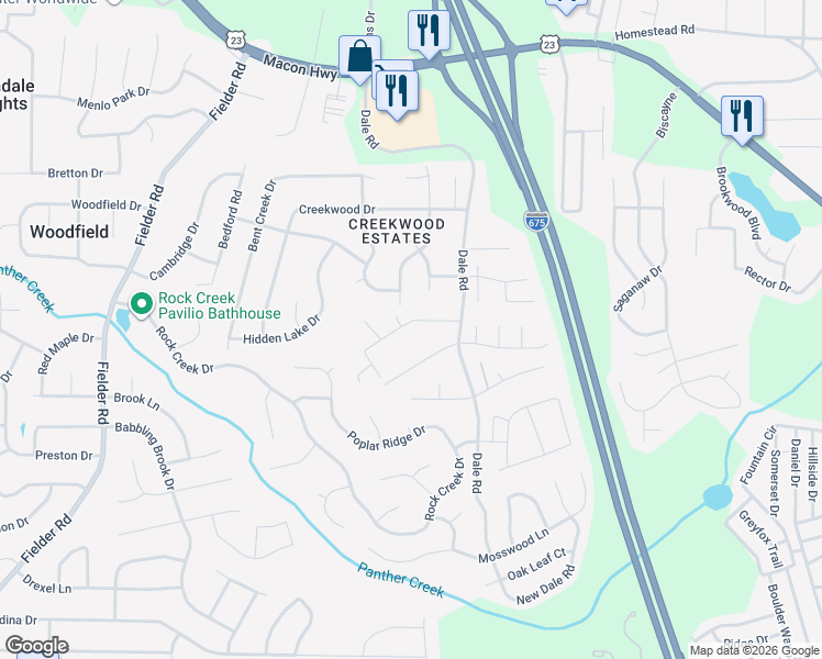 map of restaurants, bars, coffee shops, grocery stores, and more near 3373 Bells Landing Drive in Rex