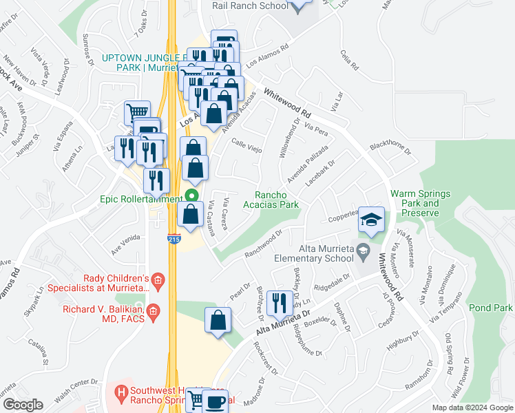 map of restaurants, bars, coffee shops, grocery stores, and more near 39734 Avenida Miguel Oeste in Murrieta