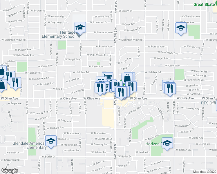 map of restaurants, bars, coffee shops, grocery stores, and more near 5116 West Olive Avenue in Glendale