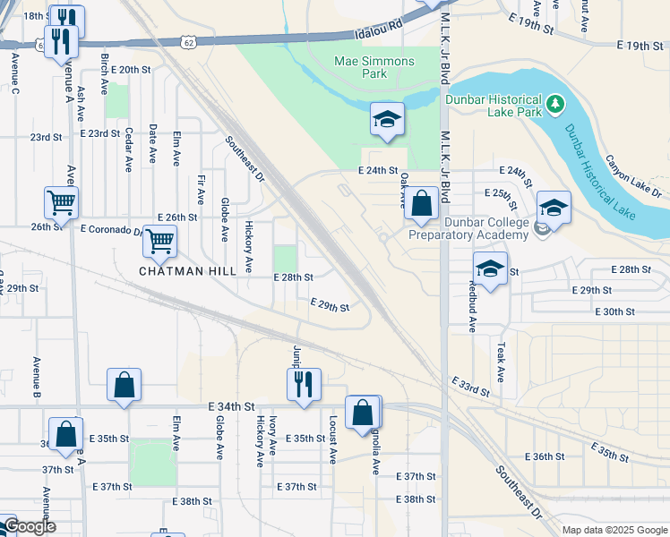 map of restaurants, bars, coffee shops, grocery stores, and more near 2801 Southeast Drive in Lubbock