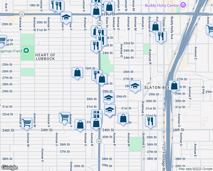 map of restaurants, bars, coffee shops, grocery stores, and more near 1614 29th Street in Lubbock