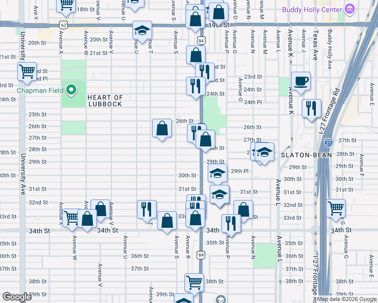 map of restaurants, bars, coffee shops, grocery stores, and more near in Lubbock