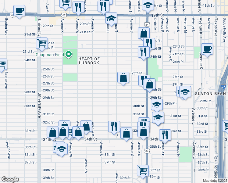map of restaurants, bars, coffee shops, grocery stores, and more near 2008 29th Street in Lubbock