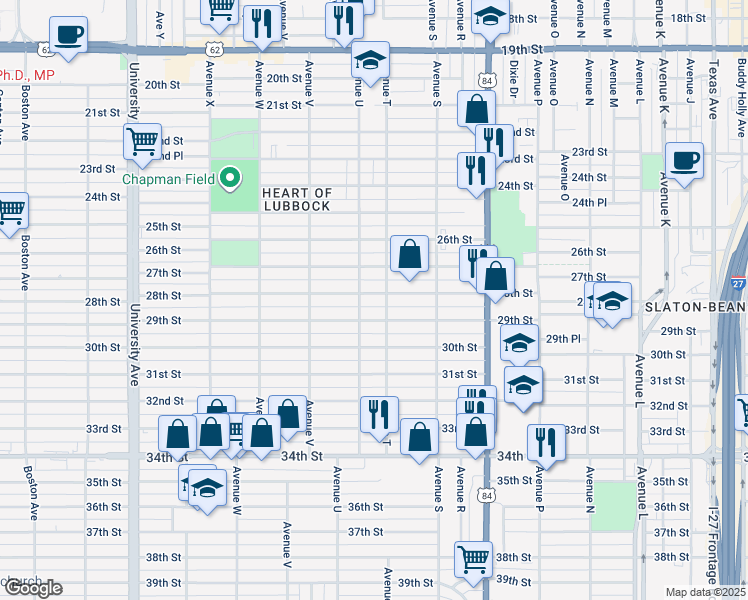map of restaurants, bars, coffee shops, grocery stores, and more near 2008 29th Street in Lubbock