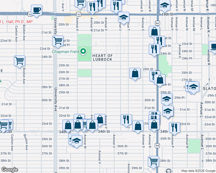 map of restaurants, bars, coffee shops, grocery stores, and more near 2114 29th Street in Lubbock