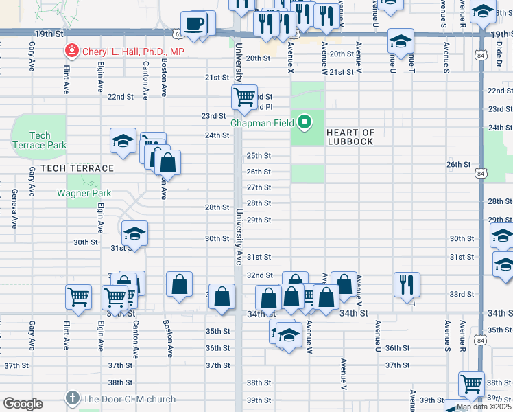 map of restaurants, bars, coffee shops, grocery stores, and more near 2424 29th Street in Lubbock