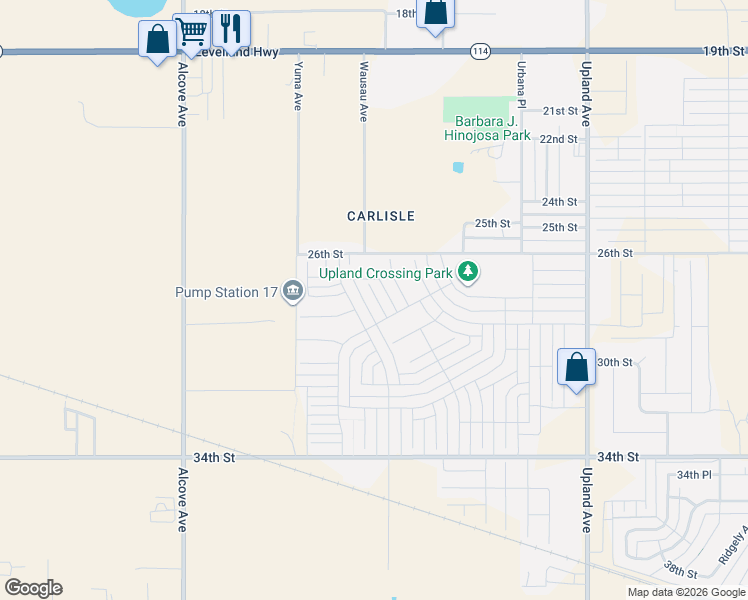 map of restaurants, bars, coffee shops, grocery stores, and more near 7502 34th Street in Lubbock