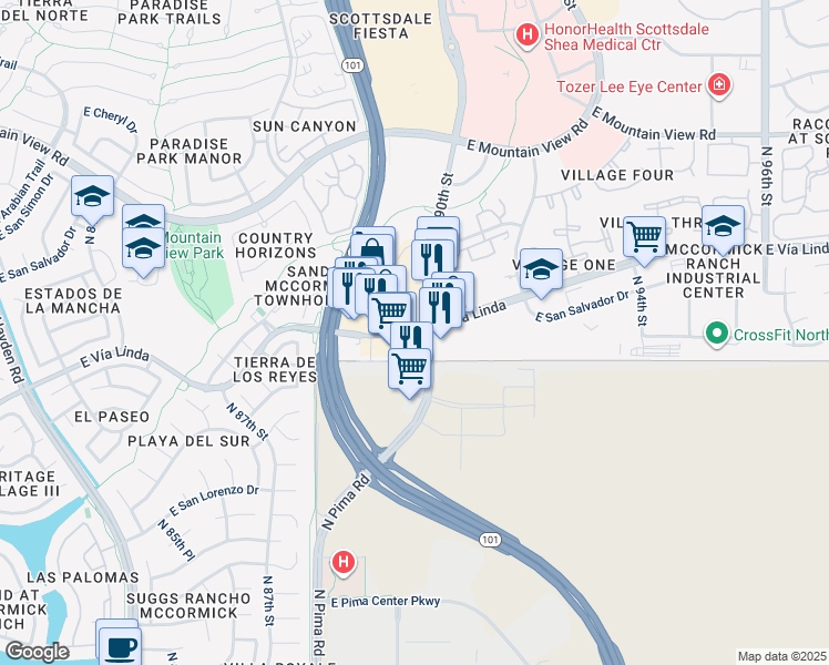 map of restaurants, bars, coffee shops, grocery stores, and more near 8969 East Vía Linda in Scottsdale