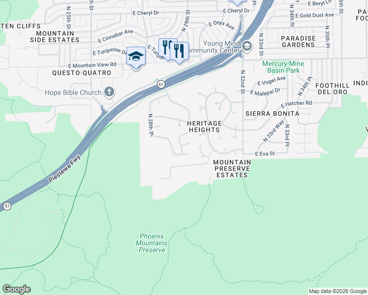 map of restaurants, bars, coffee shops, grocery stores, and more near 2848 East Cobre Drive in Phoenix