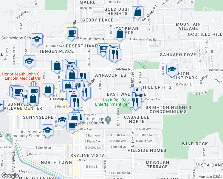 map of restaurants, bars, coffee shops, grocery stores, and more near 9021 North 10th Street in Phoenix