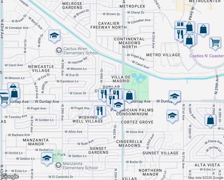map of restaurants, bars, coffee shops, grocery stores, and more near 3522 West Dunlap Avenue in Phoenix