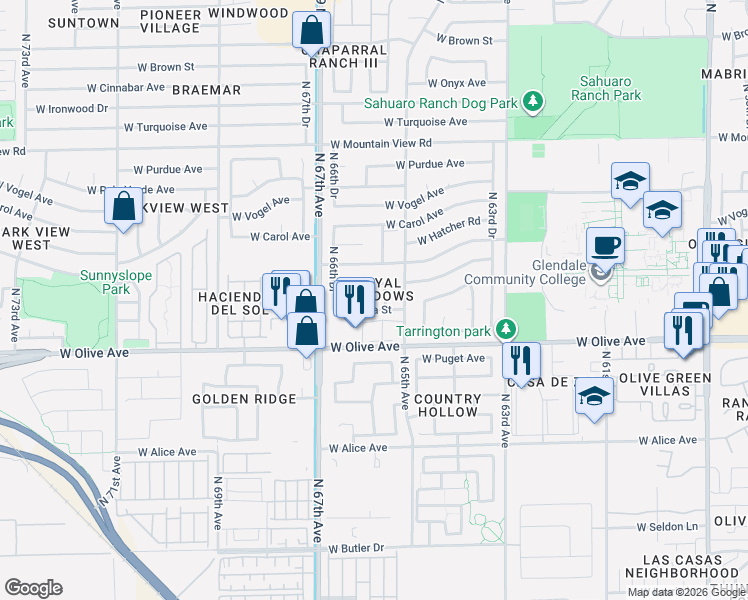 map of restaurants, bars, coffee shops, grocery stores, and more near 6517 West Eva Street in Glendale