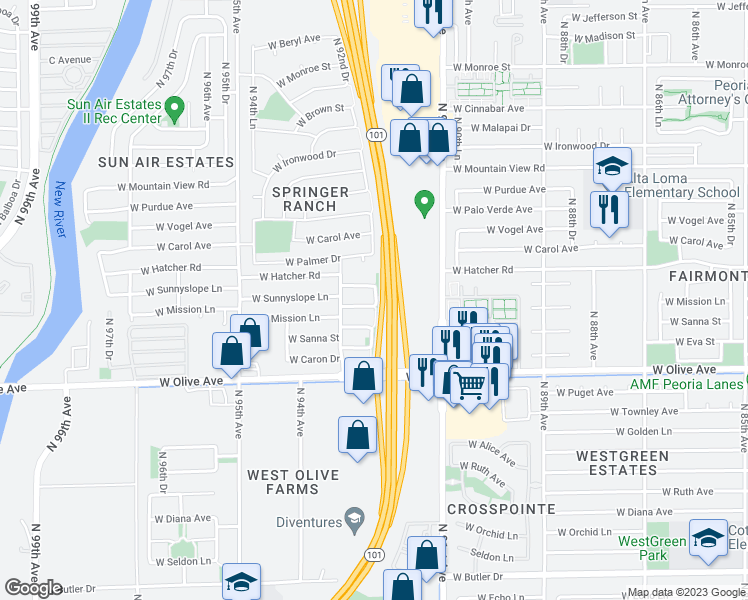 map of restaurants, bars, coffee shops, grocery stores, and more near 9252 West Mission Lane in Peoria