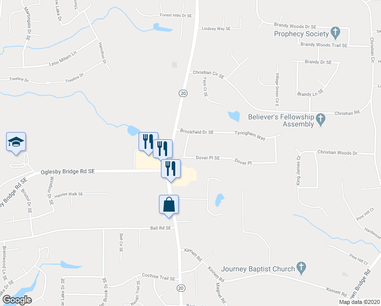 map of restaurants, bars, coffee shops, grocery stores, and more near 1205 Dover Place Southeast in Conyers