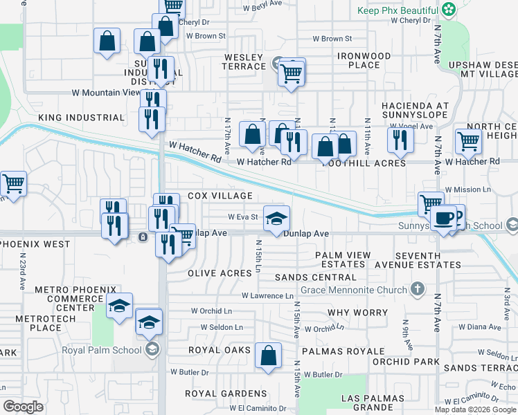 map of restaurants, bars, coffee shops, grocery stores, and more near 1602 West Eva Street in Phoenix