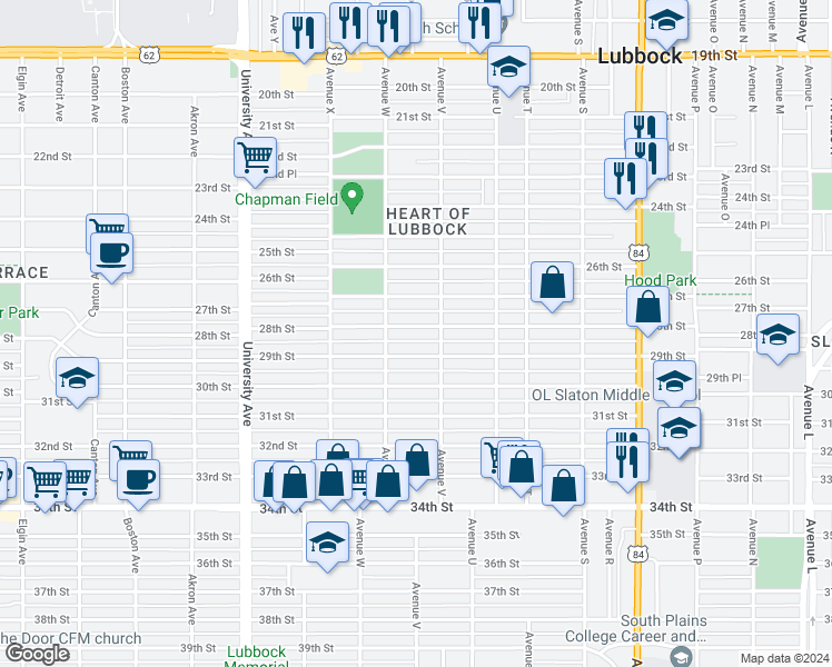 map of restaurants, bars, coffee shops, grocery stores, and more near 2209 28th Street in Lubbock