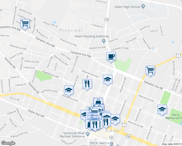 map of restaurants, bars, coffee shops, grocery stores, and more near 501 Abbeville Avenue Northwest in Aiken