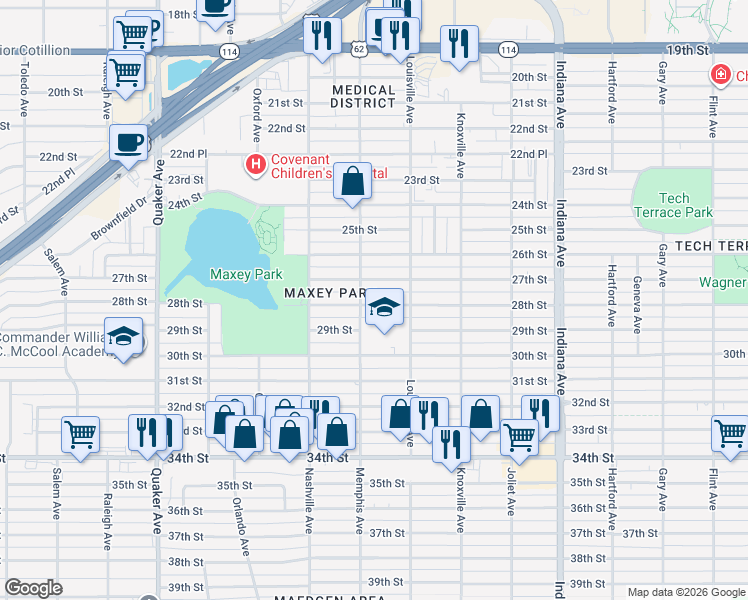 map of restaurants, bars, coffee shops, grocery stores, and more near 3801 28th Street in Lubbock
