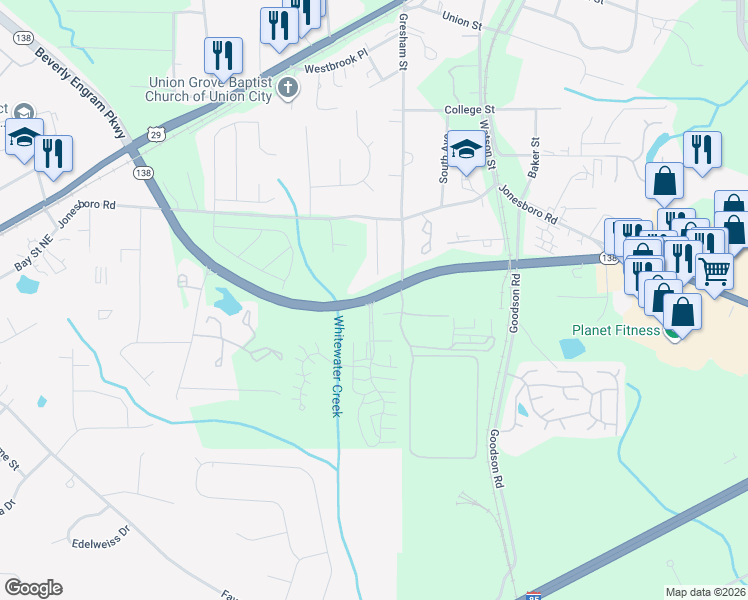 map of restaurants, bars, coffee shops, grocery stores, and more near 5250 Georgia 138 in Union City