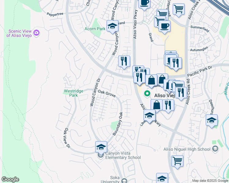 map of restaurants, bars, coffee shops, grocery stores, and more near 35 Beech Drive in Aliso Viejo