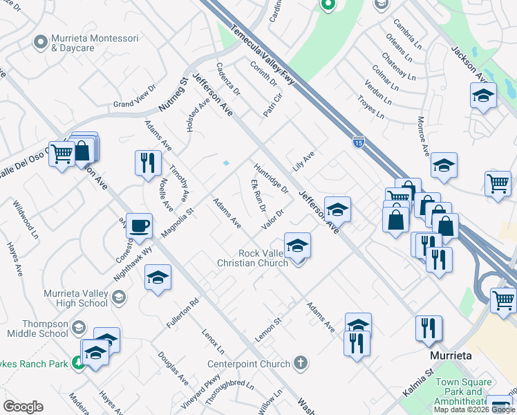 map of restaurants, bars, coffee shops, grocery stores, and more near 41720 Elk Run Drive in Murrieta