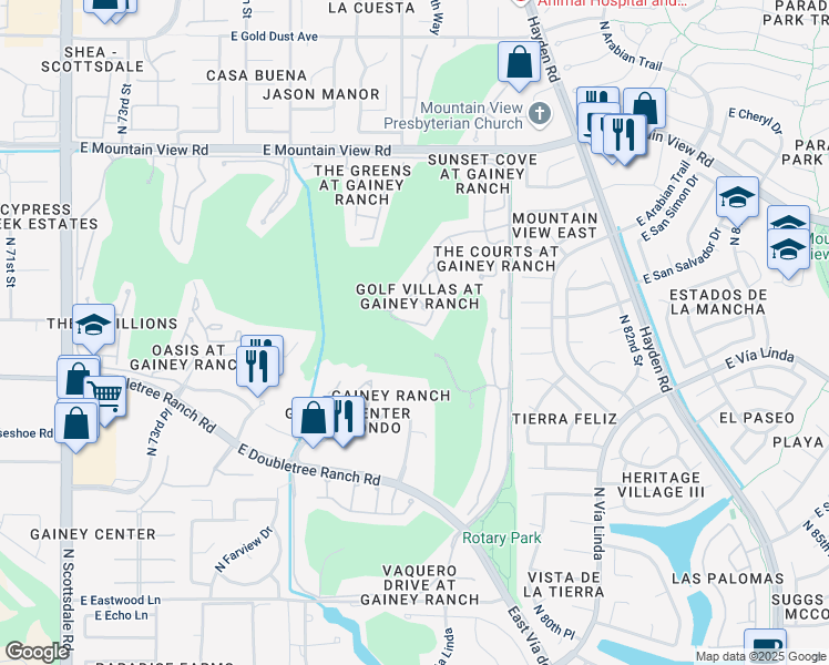 map of restaurants, bars, coffee shops, grocery stores, and more near 7760 East Gainey Ranch Road in Scottsdale