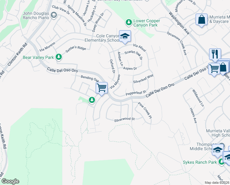 map of restaurants, bars, coffee shops, grocery stores, and more near 23674 Pepperleaf Street in Murrieta