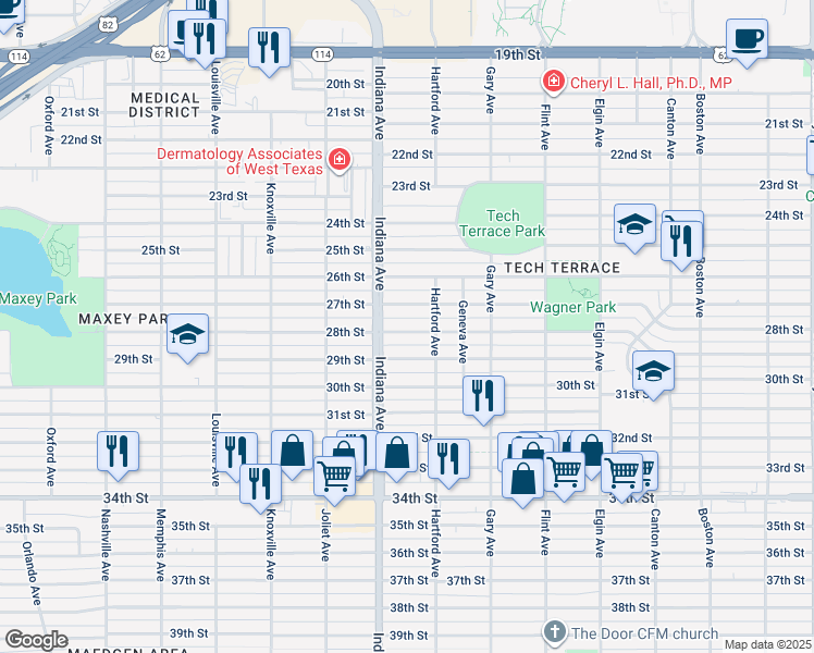 map of restaurants, bars, coffee shops, grocery stores, and more near 3312 28th Street in Lubbock