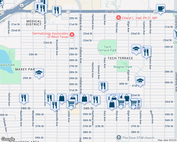 map of restaurants, bars, coffee shops, grocery stores, and more near 3308 28th Street in Lubbock