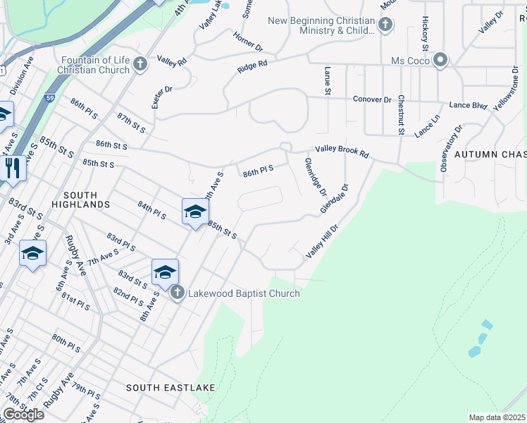 map of restaurants, bars, coffee shops, grocery stores, and more near 8617 9th Court South in Birmingham