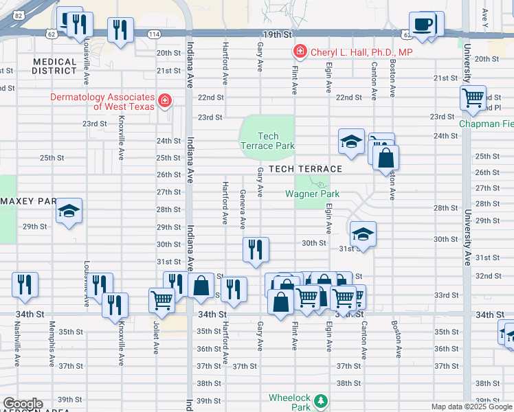 map of restaurants, bars, coffee shops, grocery stores, and more near 3117 28th Street in Lubbock
