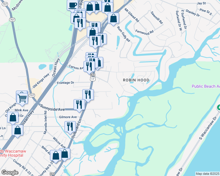 map of restaurants, bars, coffee shops, grocery stores, and more near 3641 Melton Avenue in Murrells Inlet