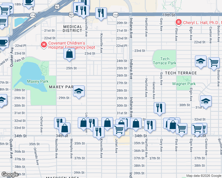 map of restaurants, bars, coffee shops, grocery stores, and more near 3508 28th Street in Lubbock