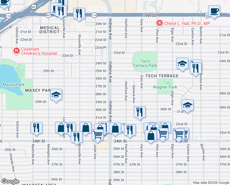 map of restaurants, bars, coffee shops, grocery stores, and more near 3316 28th Street in Lubbock